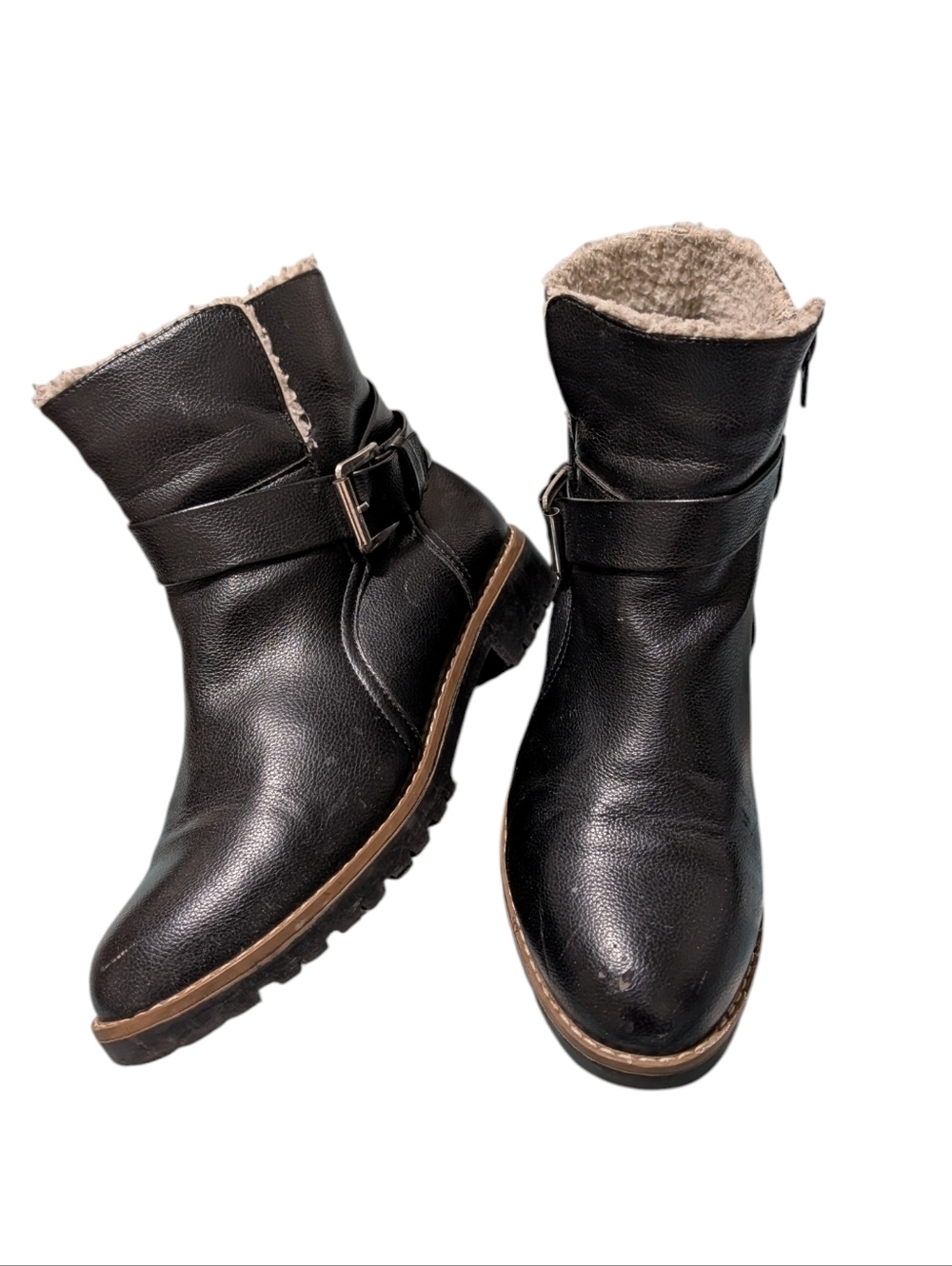 Nautica Black Faux Leather Shearling Ankle Booties with Buckle Women's 7.5
